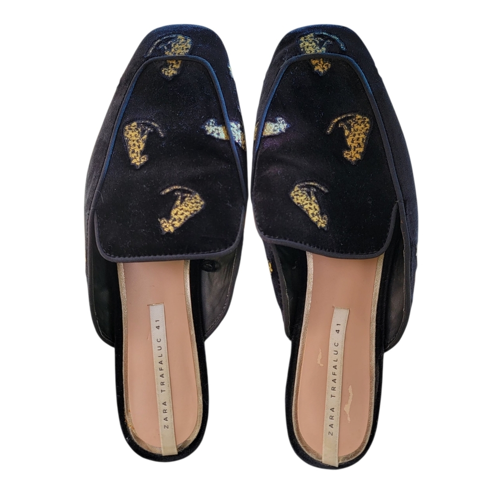 Zara Embroidered Velvet Cheetah Loafer Slides - Size 41